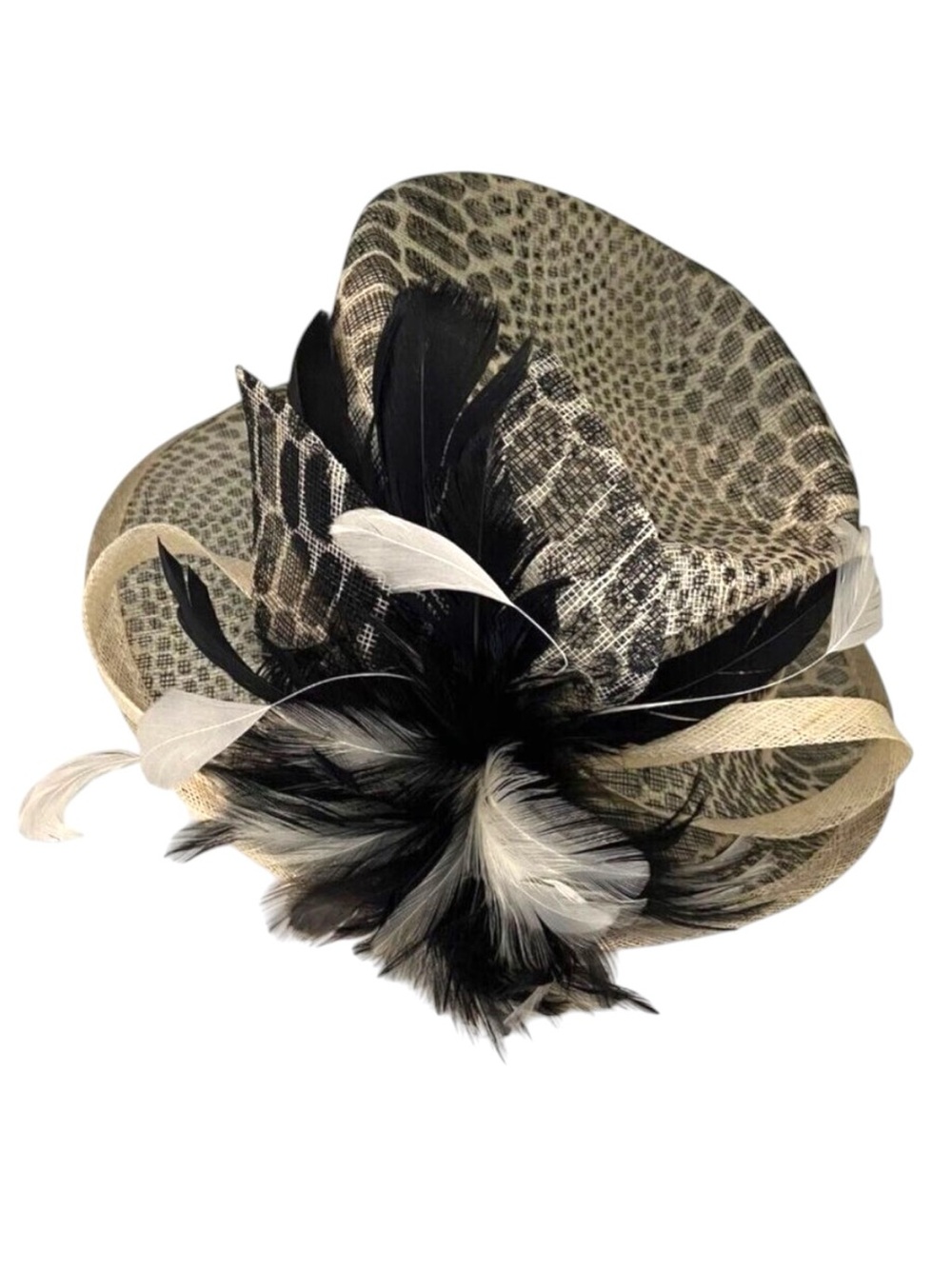 Animal Print Wide Brim Hat Black & cream/White Feather By Something Special